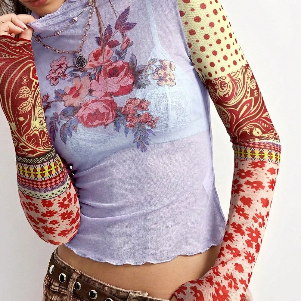 Multicolor Casual Women's Sexy Floral Print Sheer Long Sleeve Top